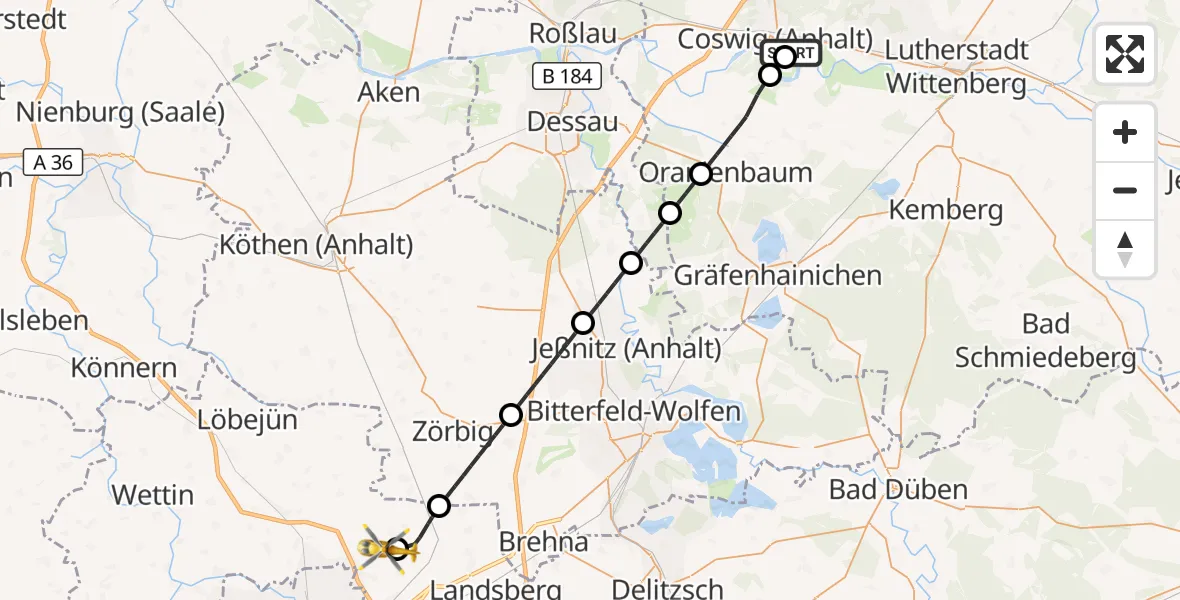 Flugroute Rettungshubschrauber MediClin Heart Center Coswig Hubschrauberlandeplatz - Halle-Oppin Flugplatz, 16 September 2026, 15:40