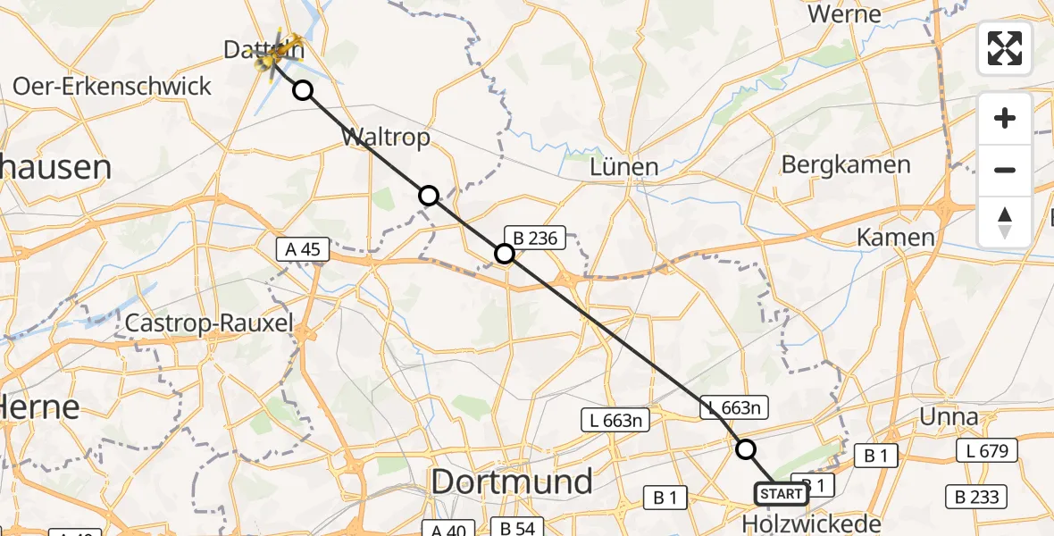 Flugroute Rettungshubschrauber Dortmund Flughafen - Datteln, 16 September 2026, 15:41