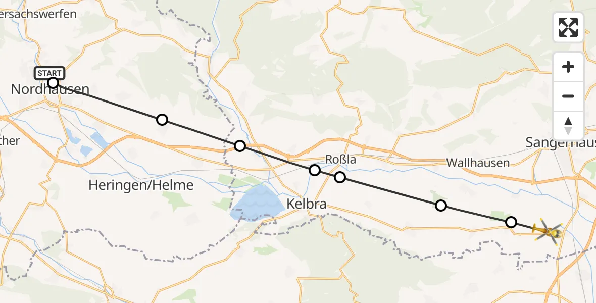 Flugroute Rettungshubschrauber Südharz Hospital Nordhausen - Edersleben, 16 September 2026, 15:45
