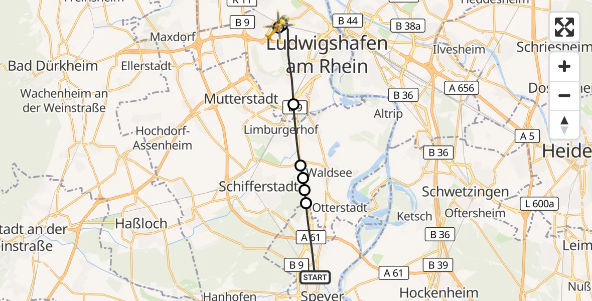 Flugroute Rettungshubschrauber Speyer - Ludwigshafen Accident Hospital, 16 September 2026, 15:48