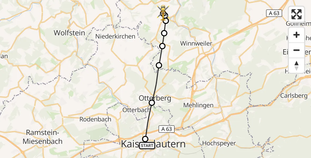 Flugroute Rettungshubschrauber Westpfalz Hospital Kaiserslautern - Rockenhausen, 16 September 2026, 15:52