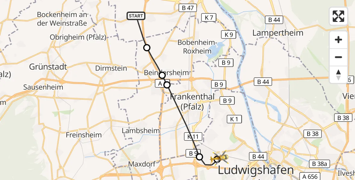 Flugroute Rettungshubschrauber Worms - Ludwigshafen Accident Hospital, 16 September 2026, 16:03