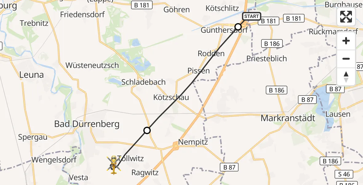 Flugroute Rettungshubschrauber ADAC Air Rescue Station Leipzig/Schkeuditz-Dölzig Hubschrauberlandeplatz (Christoph 61) - Bad Dürrenberg, 16 September 2026, 16:09