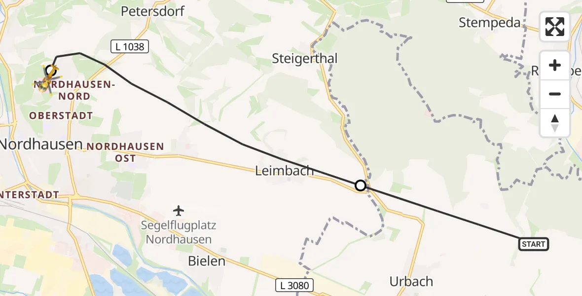 Flugroute Rettungshubschrauber Urbach - Südharz Hospital Nordhausen, 16 September 2026, 16:22