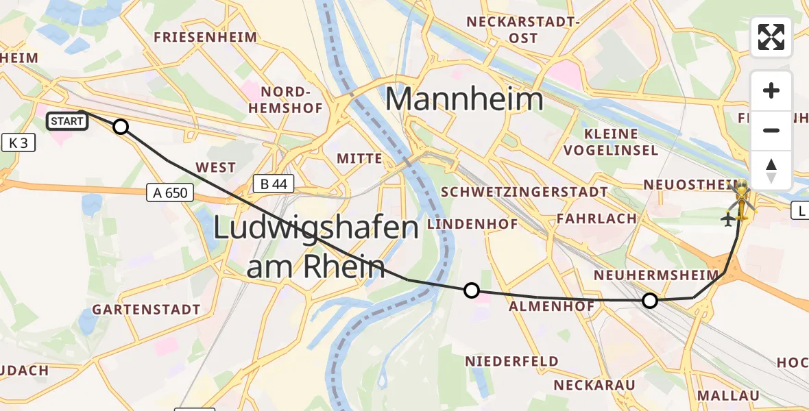 Flugroute Rettungshubschrauber Ludwigshafen Accident Hospital - Mannheim-City Flughafen, 16 September 2026, 16:34
