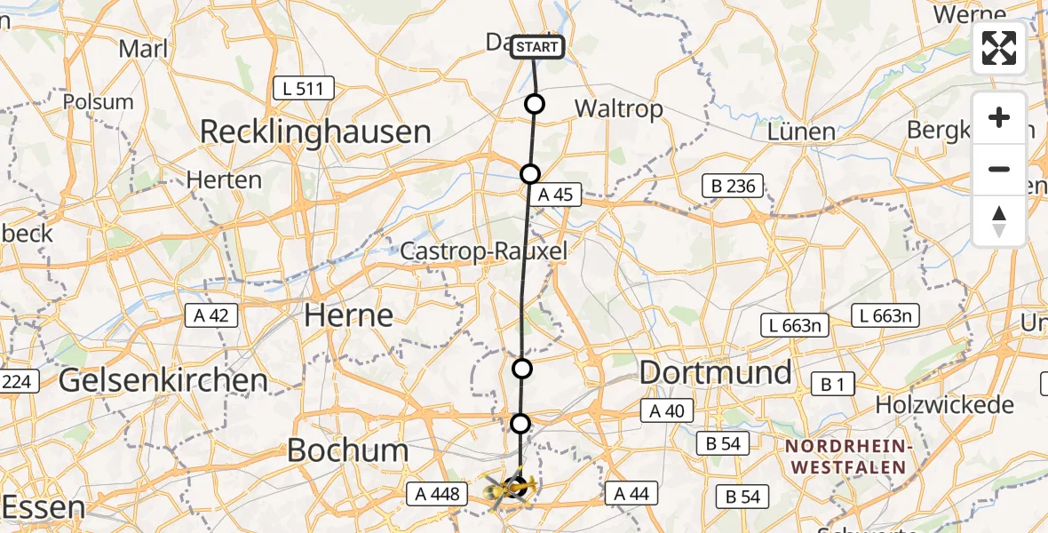 Flugroute Rettungshubschrauber Datteln - Bochum University Miners' Hospital, 16 September 2026, 16:40