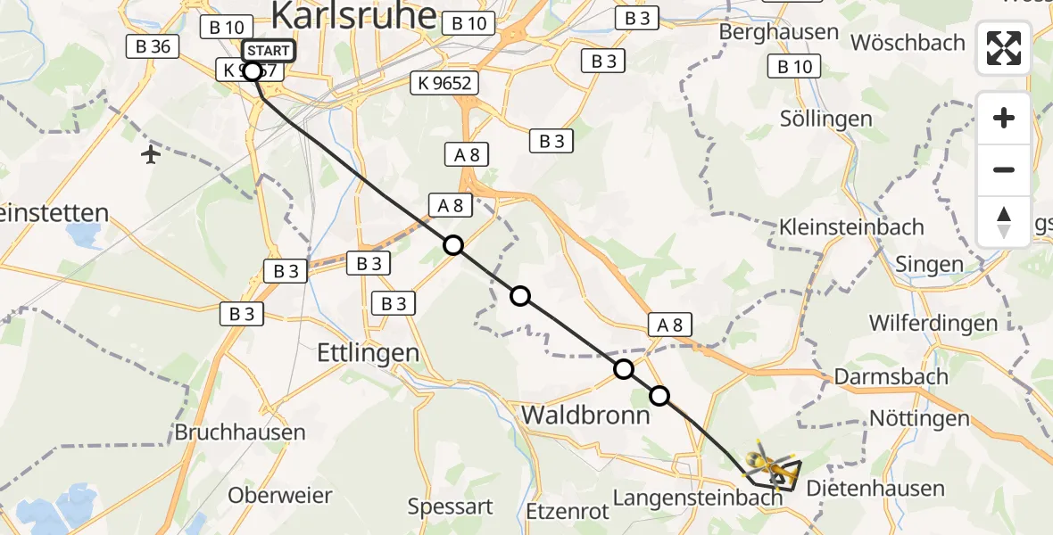 Flugroute Ambulanzhubschrauber Sankt Vincentius Hospital - Karlsbad, 16 September 2026, 16:40
