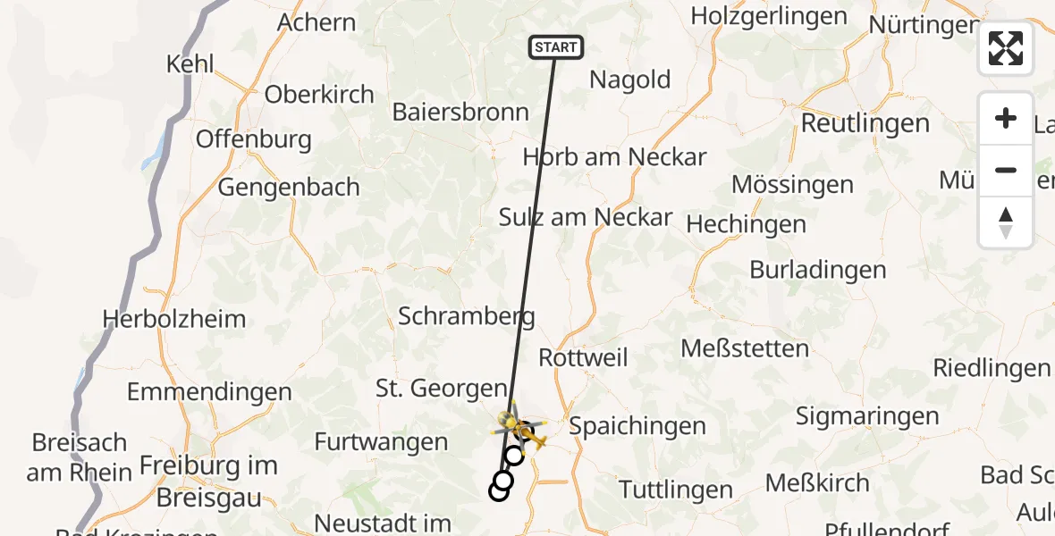 Flugroute Ambulanzhubschrauber Altensteig - DRF Air Rescue Station Villingen-Schwenningen Hubschrauberlandeplatz (Christoph 11), 16 September 2026, 16:40