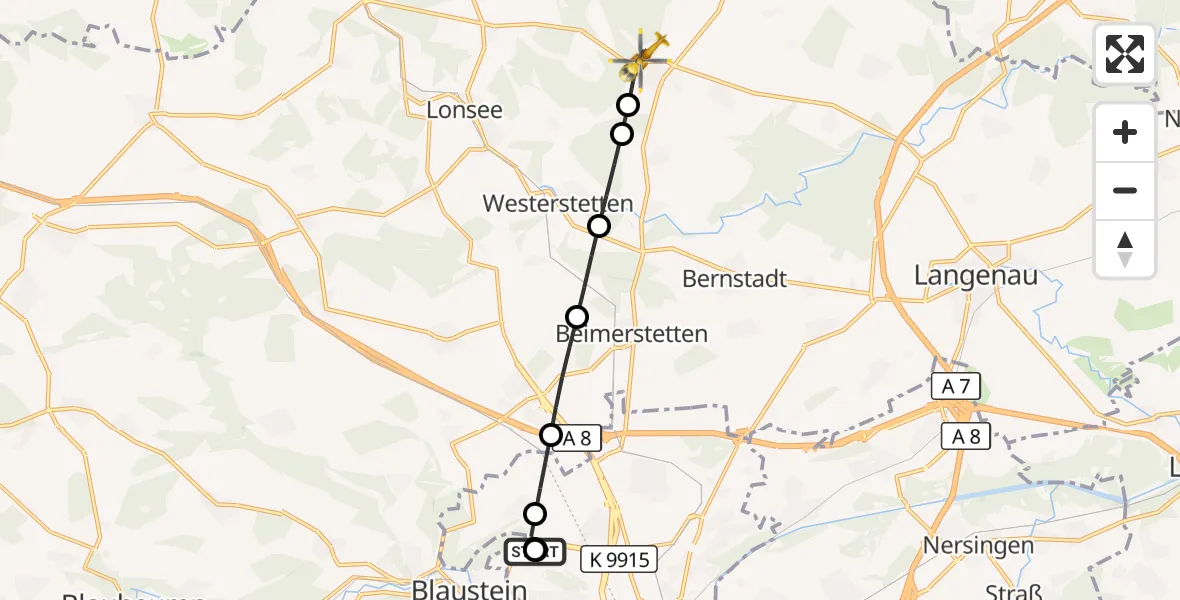 Flugroute Rettungshubschrauber Ulm Military Hospital Emergency - Weidenstetten, 16 September 2026, 16:41