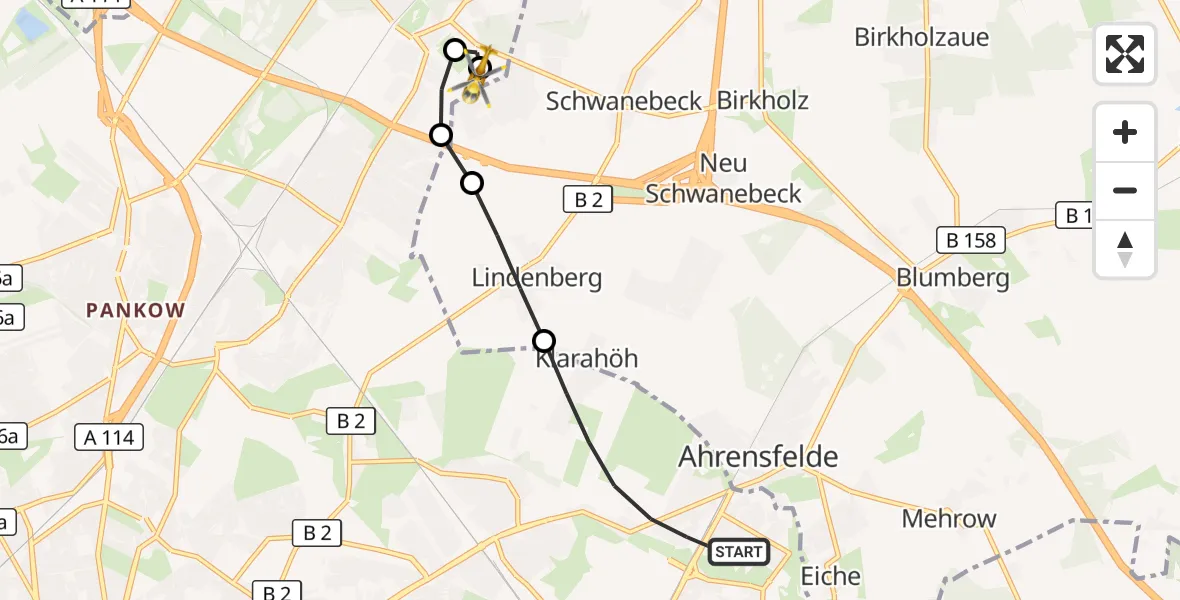 Flugroute Rettungshubschrauber Berlin - Helios Clinic Berlin-Buch, 16 September 2026, 16:44