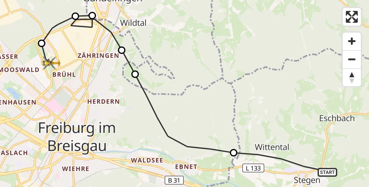 Flugroute Ambulanzhubschrauber Stegen - Freiburg im Breisgau Flugplatz, 16 September 2026, 16:48
