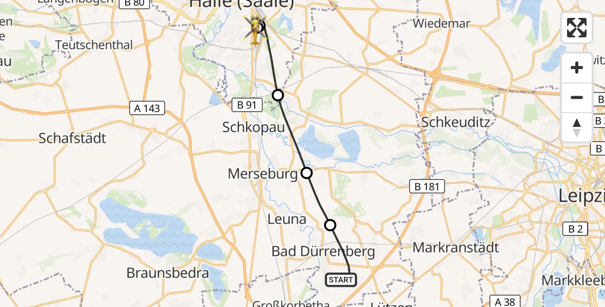 Flugroute Rettungshubschrauber Bad Dürrenberg - BG Hospital Bergmannstrost Halle, 16 September 2026, 16:54