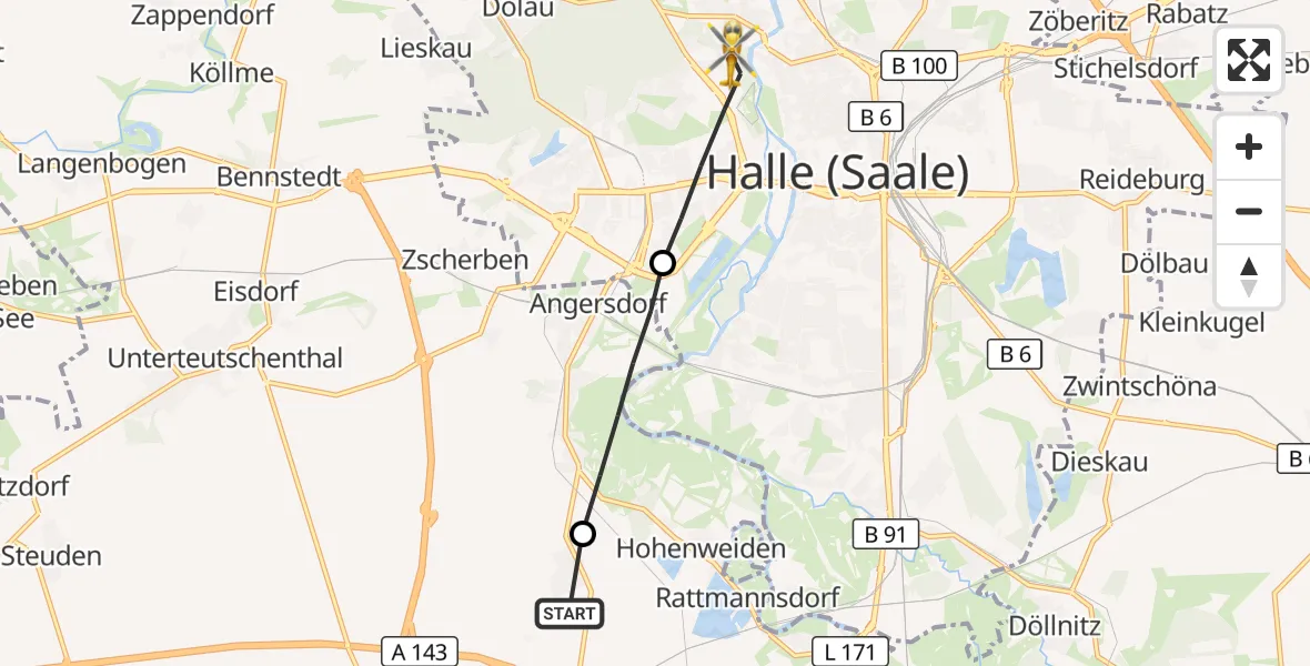 Flugroute Rettungshubschrauber Bad Lauchstädt - Halle (Saale), 16 September 2026, 17:19