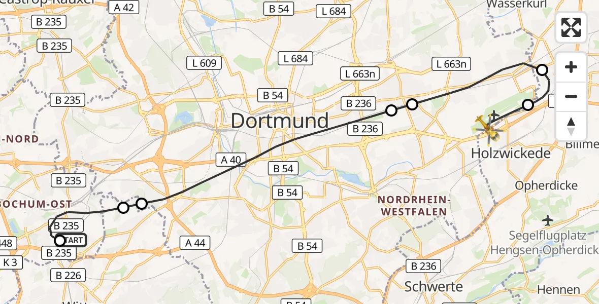 Flugroute Rettungshubschrauber Bochum University Miners' Hospital - Dortmund Flughafen, 16 September 2026, 17:21