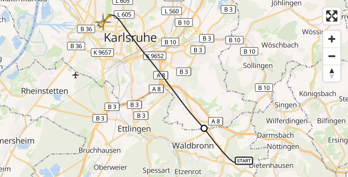Flugroute Ambulanzhubschrauber Karlsbad - Karlsruhe, 16 September 2026, 17:24