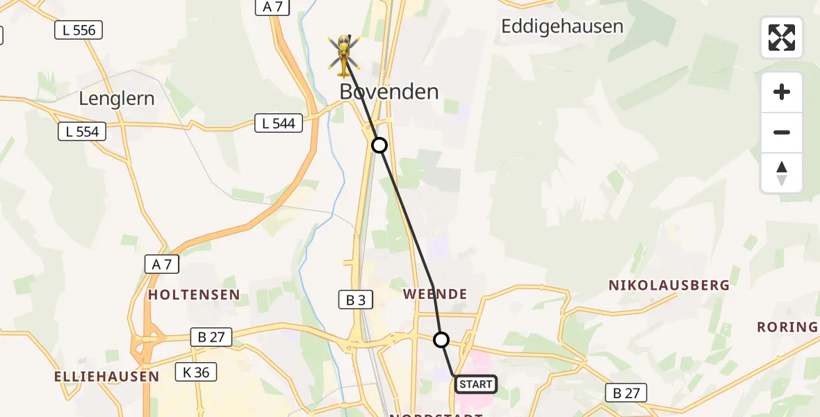 Flugroute Rettungshubschrauber Göttingen University Clinic Hubschrauberlandeplatz - Bovenden, 16 September 2026, 17:25