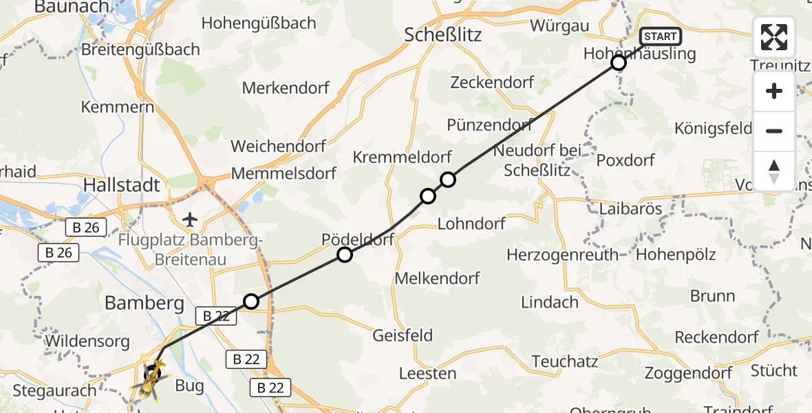 Flugroute Rettungshubschrauber Stadelhofen - Bamberg Hospital, 16 September 2026, 17:34