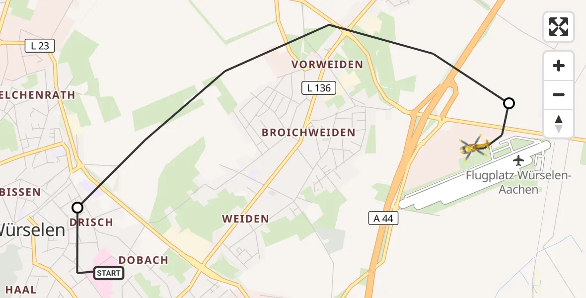 Flugroute Rettungshubschrauber Rhein-Maas Hospital - Aachen-Merzbrück Flughafen, 16 September 2026, 17:46