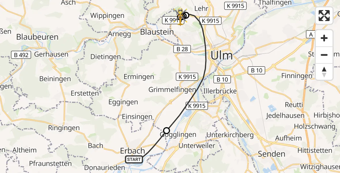 Flugroute Rettungshubschrauber Erbach - ADAC Air Rescue Station Ulm (Christoph 22), 16 September 2026, 17:48