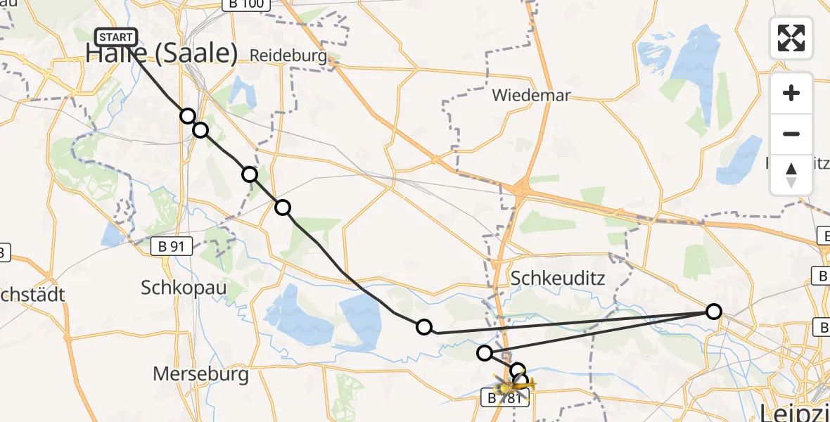 Flugroute Rettungshubschrauber Halle (Saale) - ADAC Air Rescue Station Leipzig/Schkeuditz-Dölzig Hubschrauberlandeplatz (Christoph 61), 16 September 2026, 17:48