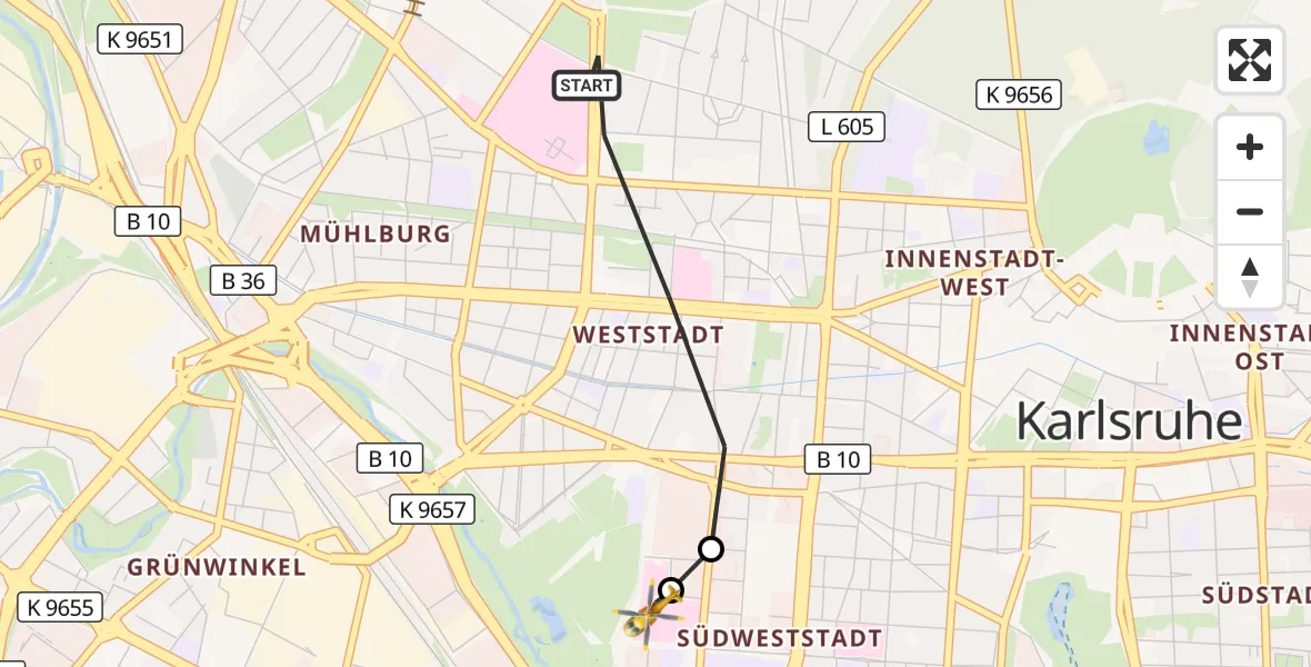 Flugroute Ambulanzhubschrauber Karlsruhe - Sankt Vincentius Hospital, 16 September 2026, 17:56