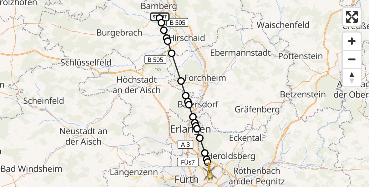 Flugroute Rettungshubschrauber Bamberg Hospital - Flughafen Nuremberg, 16 September 2026, 18:20