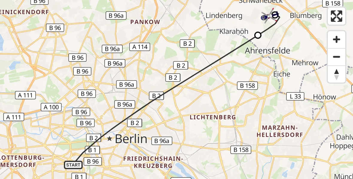 Flugroute Polizeihubschrauber Berlin - Ahrensfelde Hubschrauberlandeplatz, 16 September 2026, 18:49