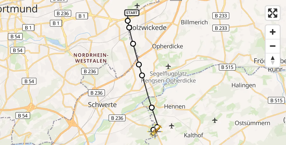 Flugroute Rettungshubschrauber Dortmund Flughafen - Iserlohn, 16 September 2026, 19:01