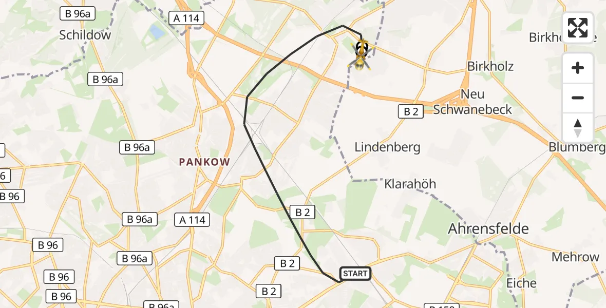 Flugroute Rettungshubschrauber Berlin - Helios Clinic Berlin-Buch, 16 September 2026, 19:12