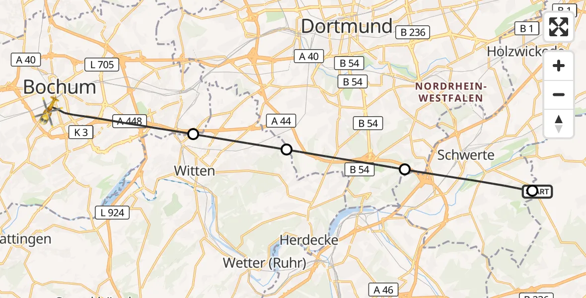 Flugroute Rettungshubschrauber Iserlohn - Bochum, 16 September 2026, 19:40