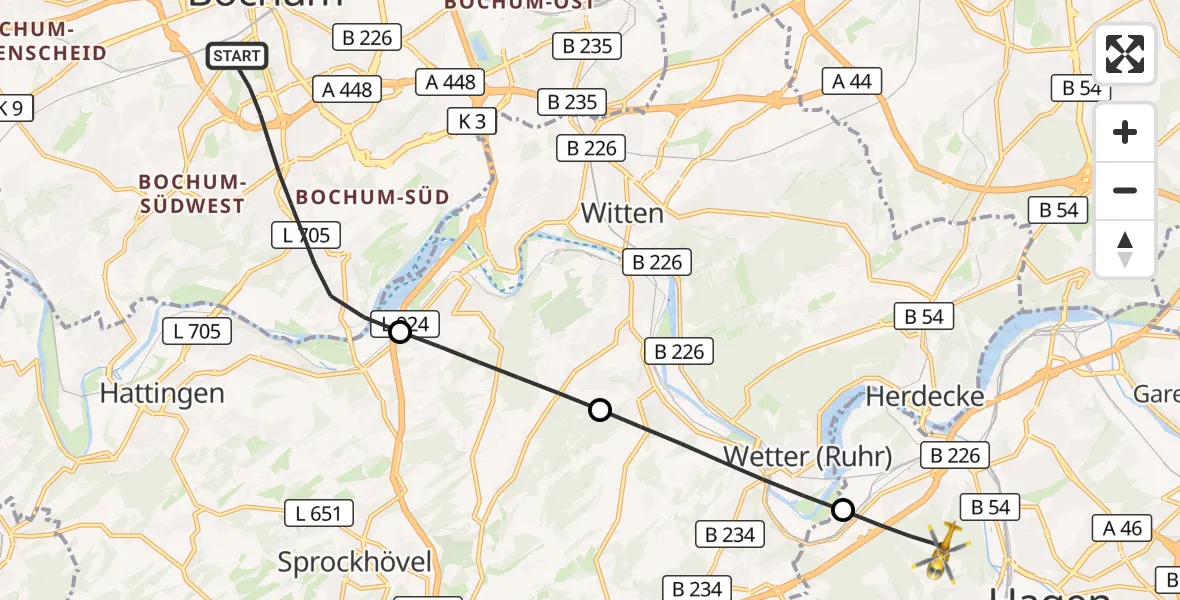Flugroute Rettungshubschrauber Bochum - Hagen, 16 September 2026, 20:23