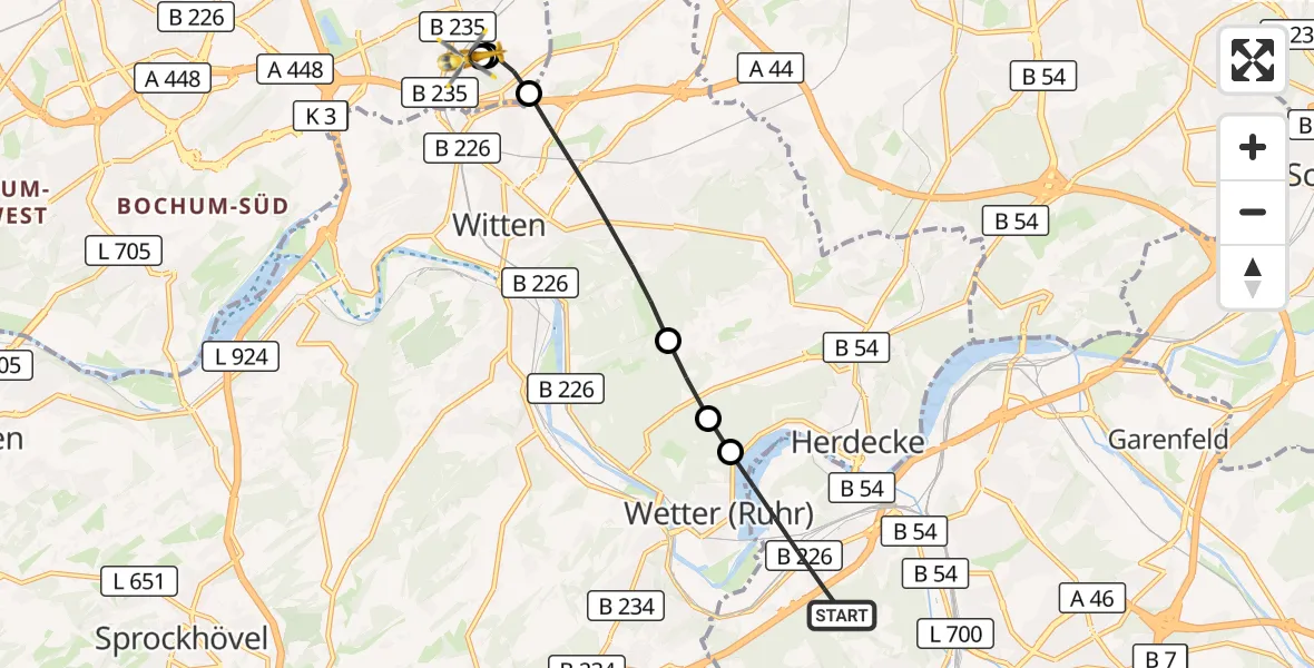 Flugroute Rettungshubschrauber Hagen - Bochum University Miners' Hospital, 16 September 2026, 20:53
