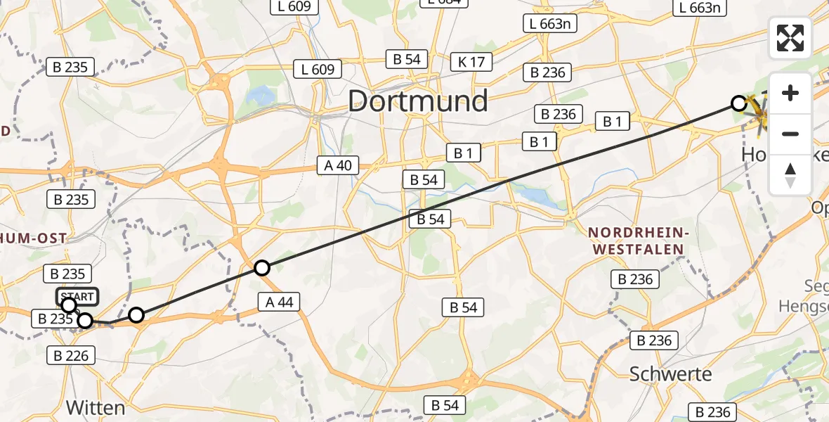 Flugroute Rettungshubschrauber Bochum University Miners' Hospital - Dortmund Flughafen, 16 September 2026, 21:35