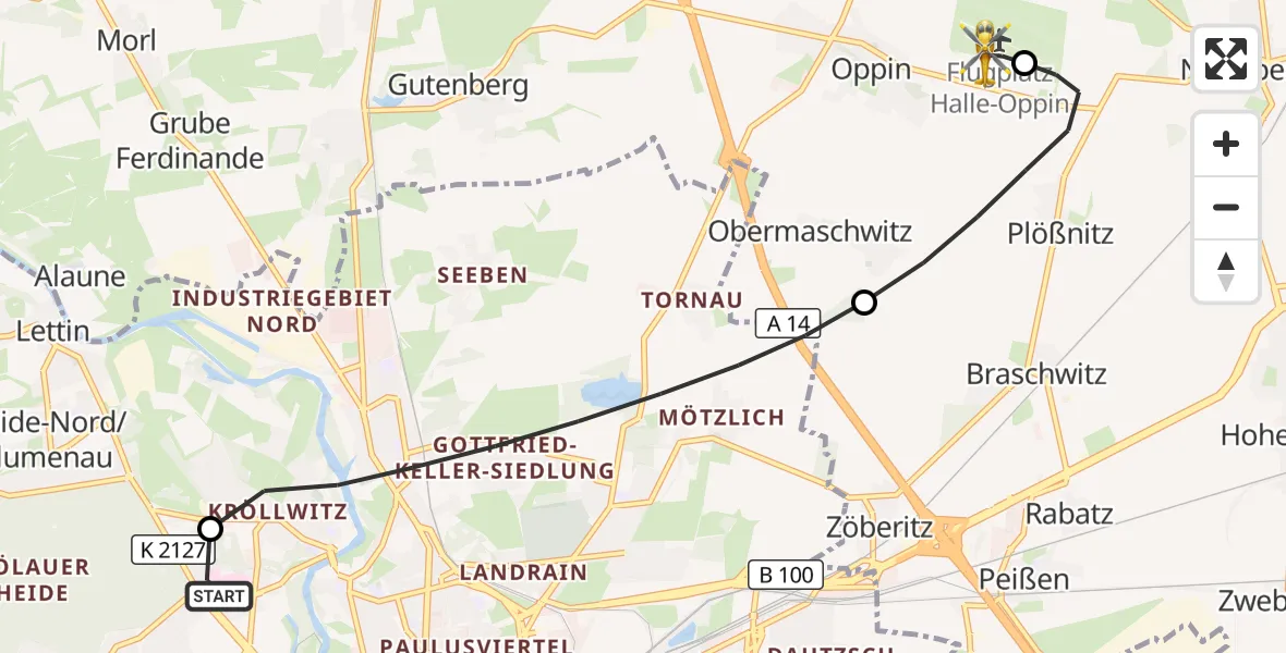 Flugroute Rettungshubschrauber Halle (Saale) University Hospital - Halle-Oppin Flugplatz, 16 September 2026, 22:49
