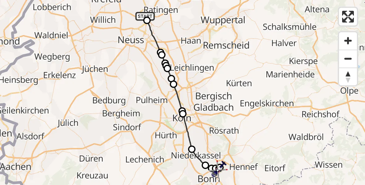 Flugroute Polizeihubschrauber Düsseldorf Flughafen - Sankt Augustin, 16 September 2026, 23:05