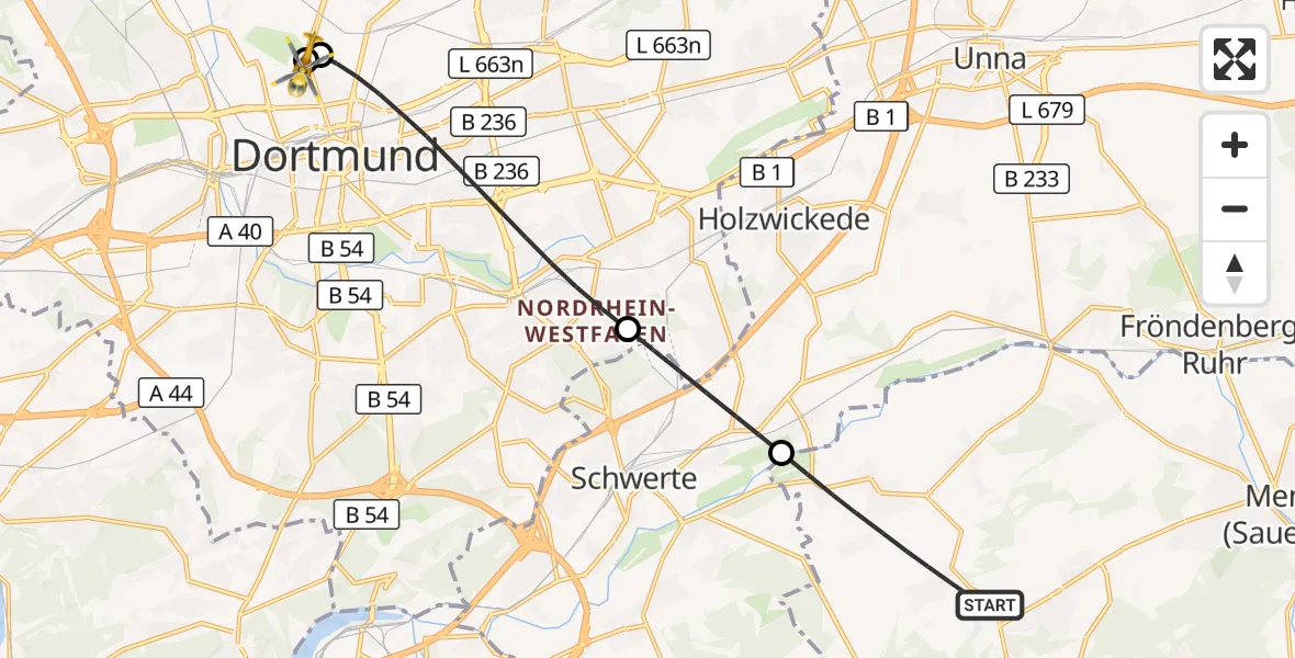 Flugroute Rettungshubschrauber Iserlohn - Dortmund Hospital North, 17 September 2026, 02:18