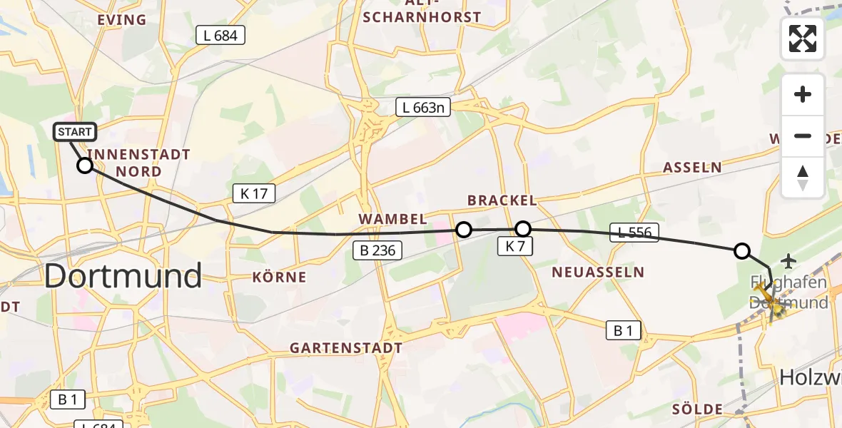 Flugroute Rettungshubschrauber Dortmund Hospital North - Dortmund Flughafen, 17 September 2026, 02:58