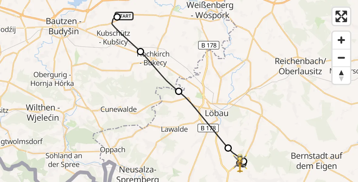 Flugroute Rettungshubschrauber Bautzen Flugplatz - Herrnhut, 17 September 2026, 03:39