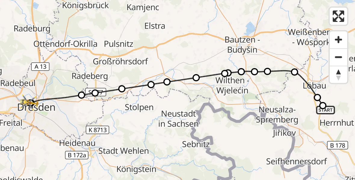 Flugroute Rettungshubschrauber Herrnhut - Dresden Friedrichstadt Hospital, 17 September 2026, 04:28