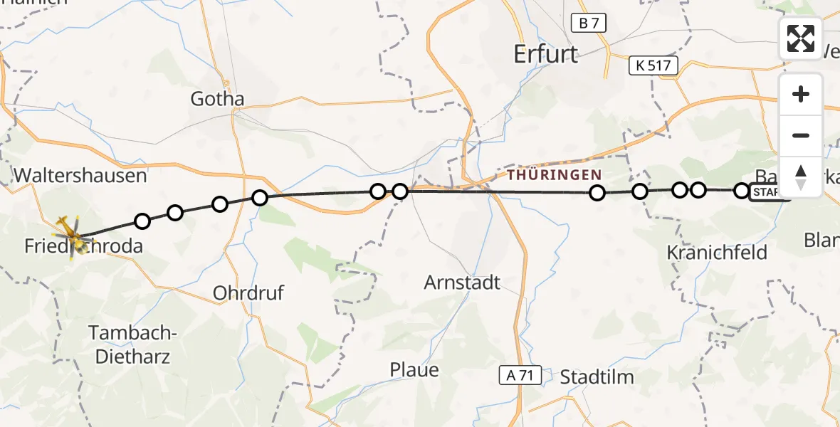 Flugroute Ambulanzhubschrauber Bad Berka - Friedrichroda, 17 September 2026, 04:39