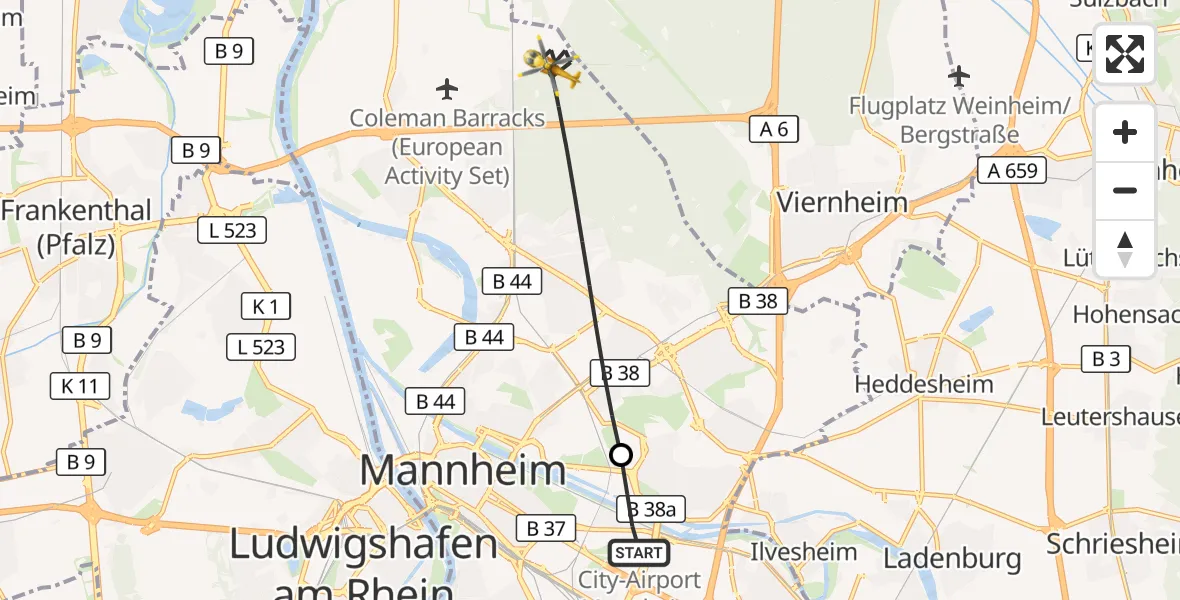 Flugroute Rettungshubschrauber Mannheim-City Flughafen - Mannheim, 17 September 2026, 05:35