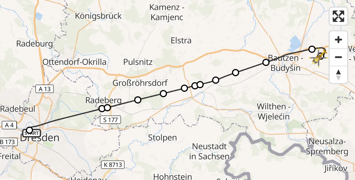 Flugroute Rettungshubschrauber Dresden Friedrichstadt Hospital - Bautzen Flugplatz, 17 September 2026, 05:41