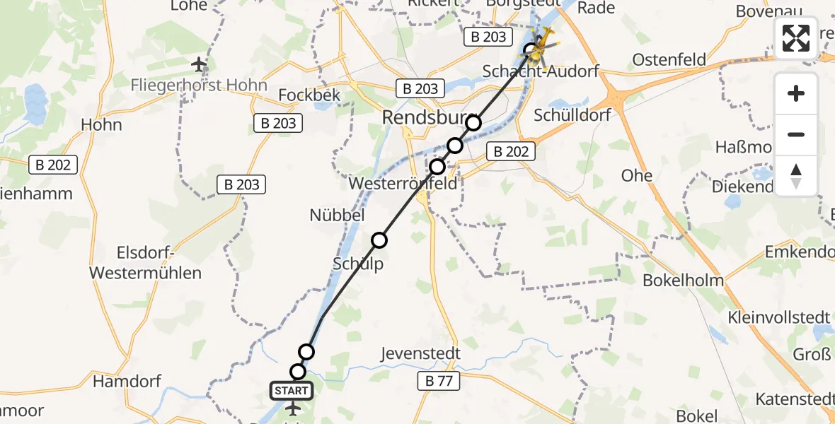 Flugroute Ambulanzhubschrauber Rendsburg-Schachtholm Flugplatz - Schacht-Audorf, 17 September 2026, 05:55