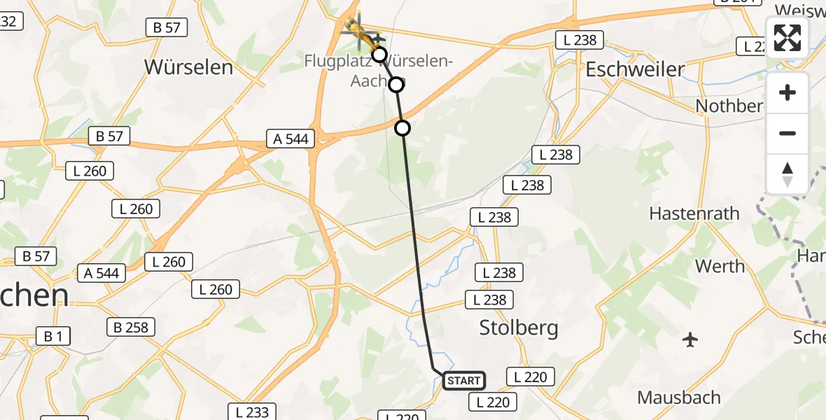 Flugroute Rettungshubschrauber Stolberg (Rhld.) - Aachen-Merzbrück Flughafen, 17 September 2026, 06:04