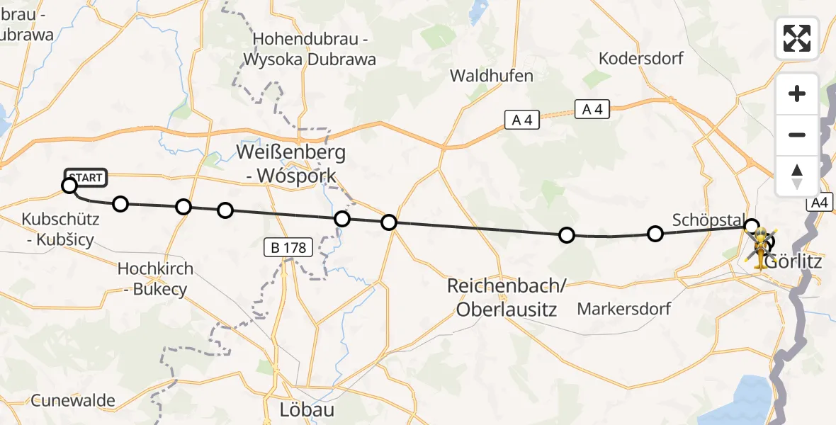 Flugroute Rettungshubschrauber Bautzen Flugplatz - Görlitz Hospital, 17 September 2026, 06:17