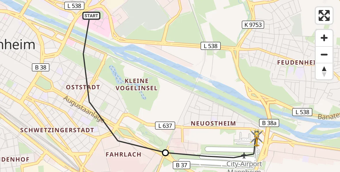 Flugroute Rettungshubschrauber Mannheim - Mannheim-City Flughafen, 17 September 2026, 06:31