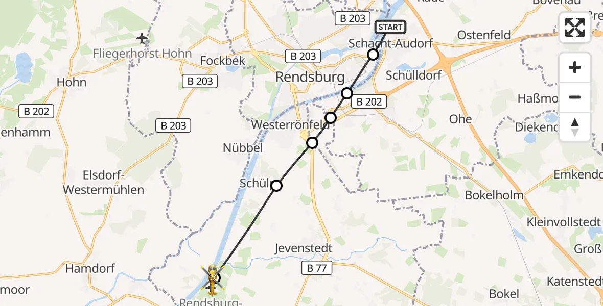 Flugroute Ambulanzhubschrauber Schacht-Audorf - Rendsburg-Schachtholm Flugplatz, 17 September 2026, 06:34