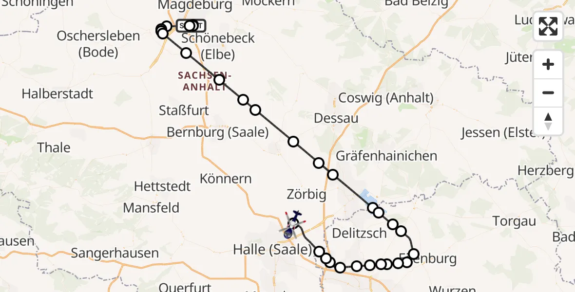 Flugroute Polizeihubschrauber Magdeburg City Flugplatz - Halle-Oppin Flugplatz, 17 September 2026, 06:42