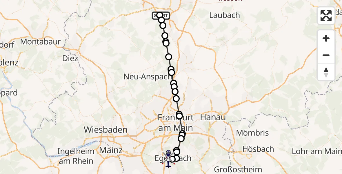 Flugroute Polizeihubschrauber Gießen-Lützellinden Flugplatz - Flughafen Frankfurt-Egelsbach, 17 September 2026, 06:44