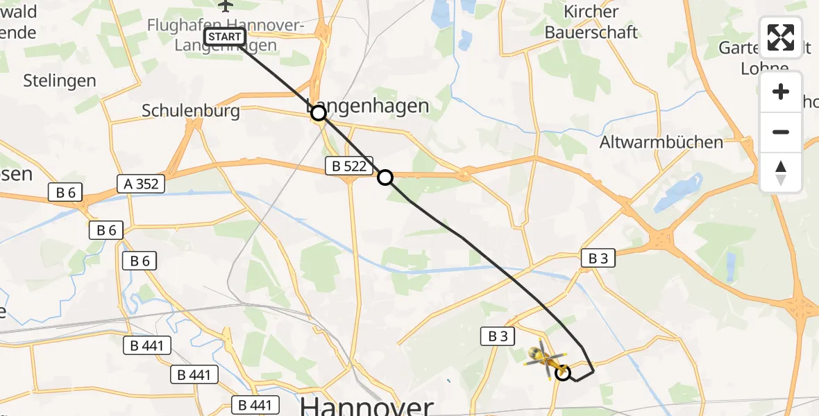 Flugroute Rettungshubschrauber Flughafen Hannover - Hannover Luftrettung Hubschrauberlandeplatz (Christoph 4), 17 September 2026, 06:48